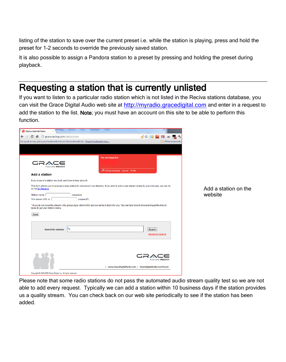 Requesting a station that is currently unlisted | Grace Digital GDI-IRC6000 Mondo User Manual | Page 23 / 53