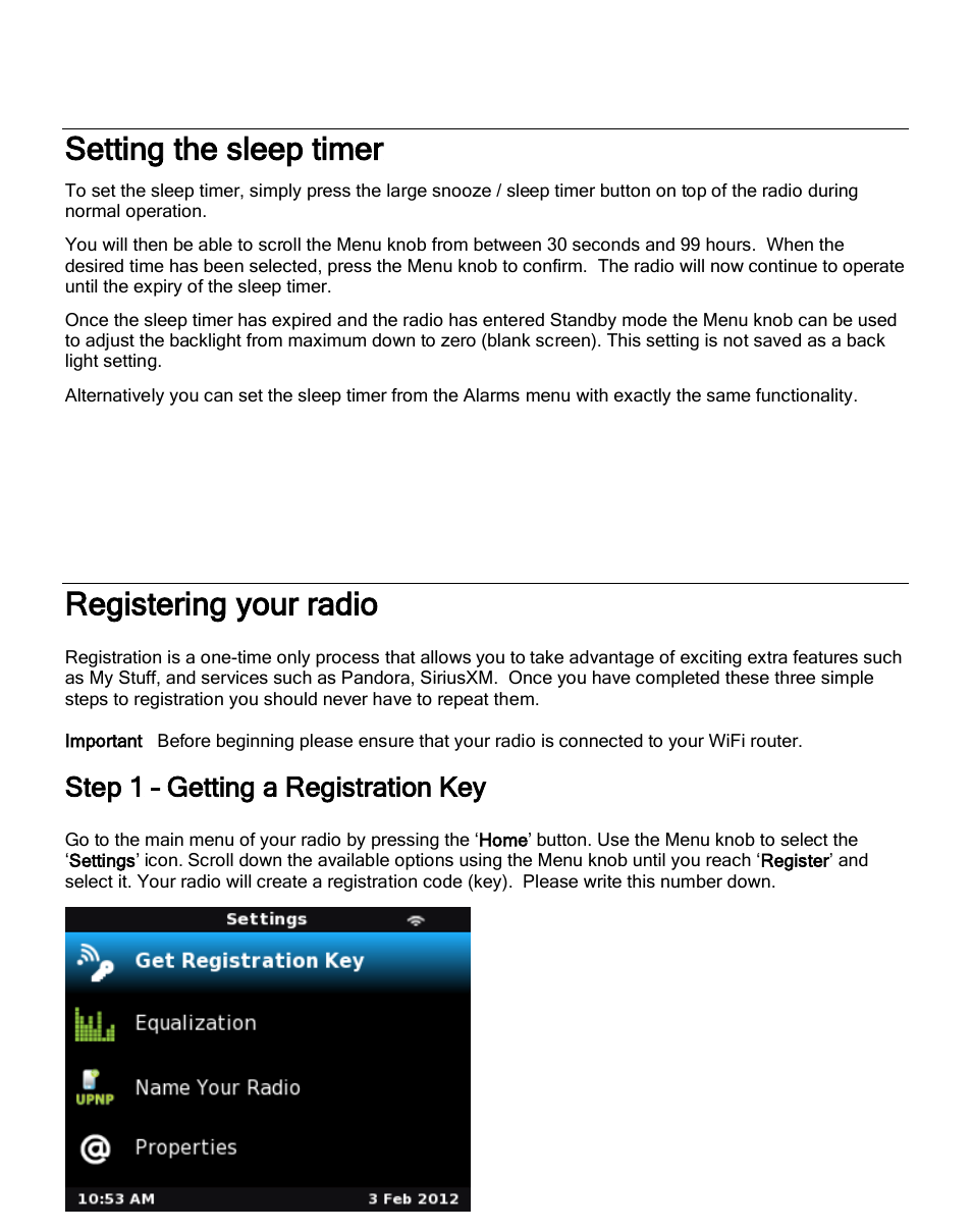 Setting the sleep timer, Registering your radio, Step 1 – getting a registration key | Grace Digital GDI-IRC6000 Mondo User Manual | Page 34 / 53