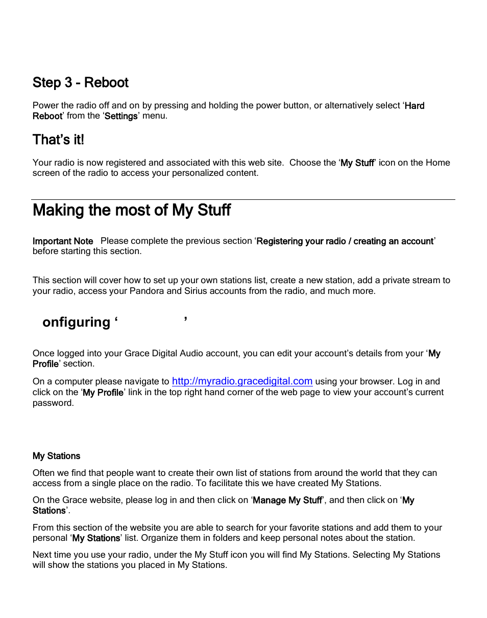 Making the most of my stuff, Step 3 - reboot, That’s it | Configuring ‘my profile, Manage my stuff | Grace Digital GDI-IRC6000 Mondo User Manual | Page 37 / 53