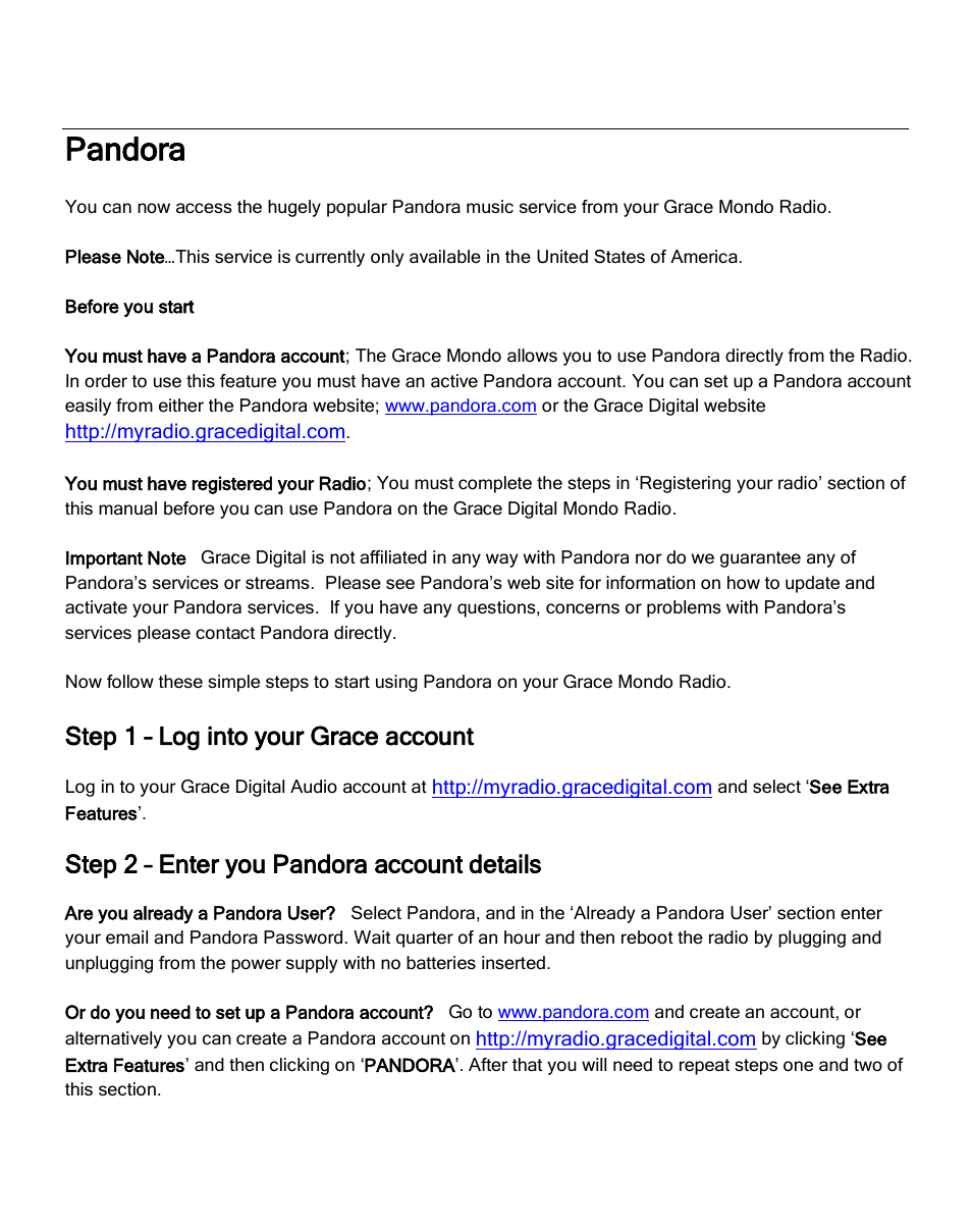 Pandora, Step 1 – log into your grace account, Step 2 – enter you pandora account details | Grace Digital GDI-IRC6000 Mondo User Manual | Page 39 / 53