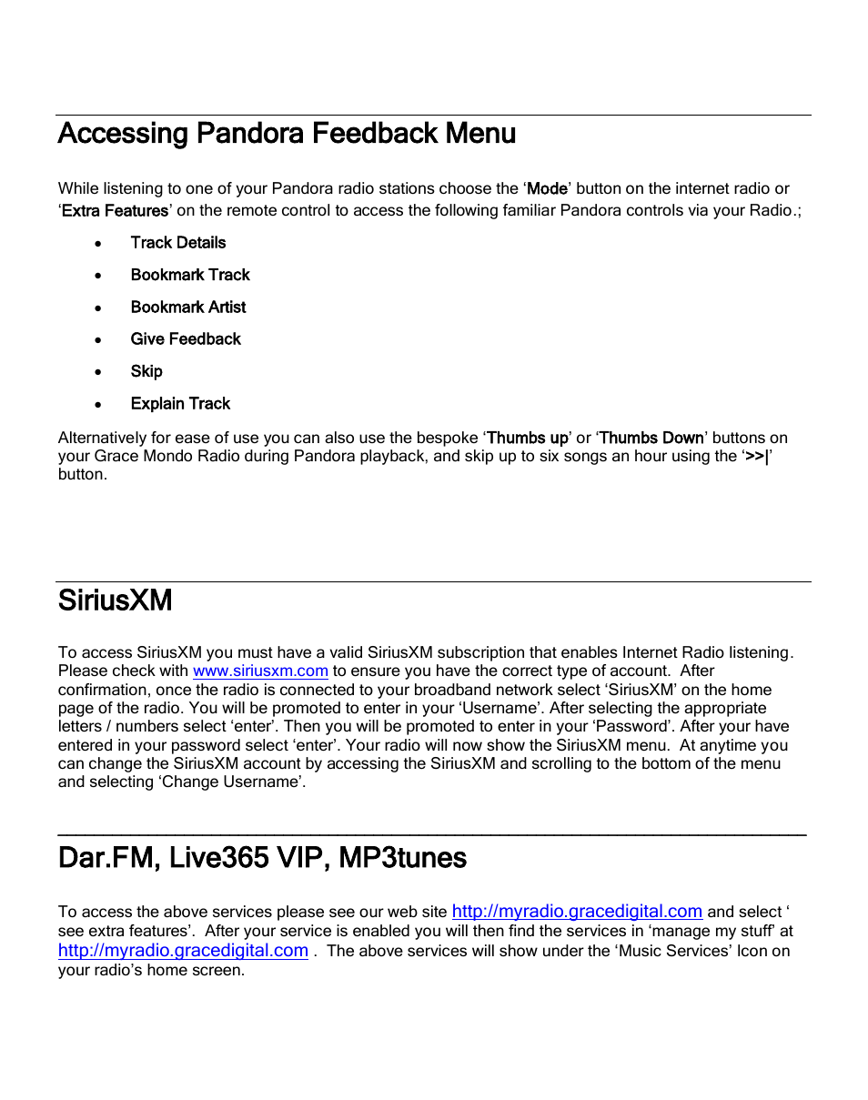 Accessing pandora feedback menu, Siriusxm, Dar.fm, live365 vip, mp3tunes | Grace Digital GDI-IRC6000 Mondo User Manual | Page 40 / 53