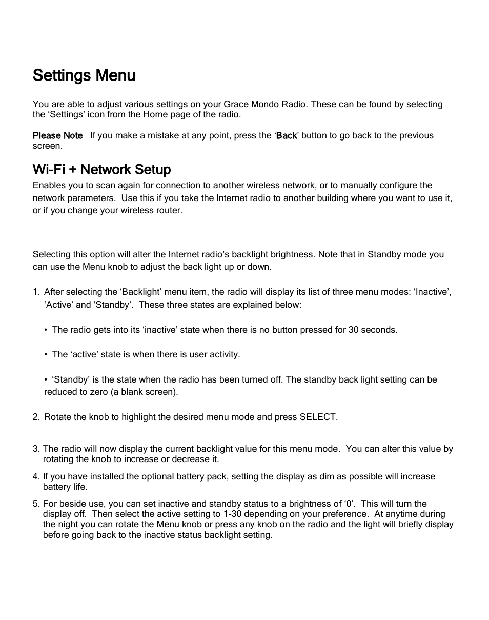 Settings menu, Wi-fi + network setup, Backlight settings | Grace Digital GDI-IRC6000 Mondo User Manual | Page 41 / 53