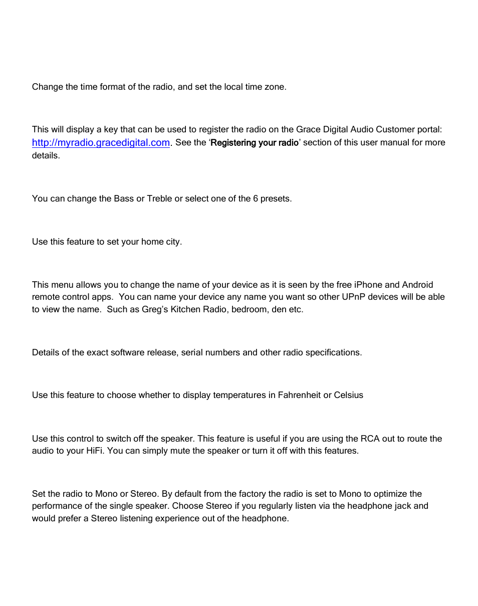 Clock set up, Get registration key, Equalization | My home city, Name your radio, Properties, Fahrenheit/celsius, Speaker on/off, Headset/speaker set up | Grace Digital GDI-IRC6000 Mondo User Manual | Page 42 / 53