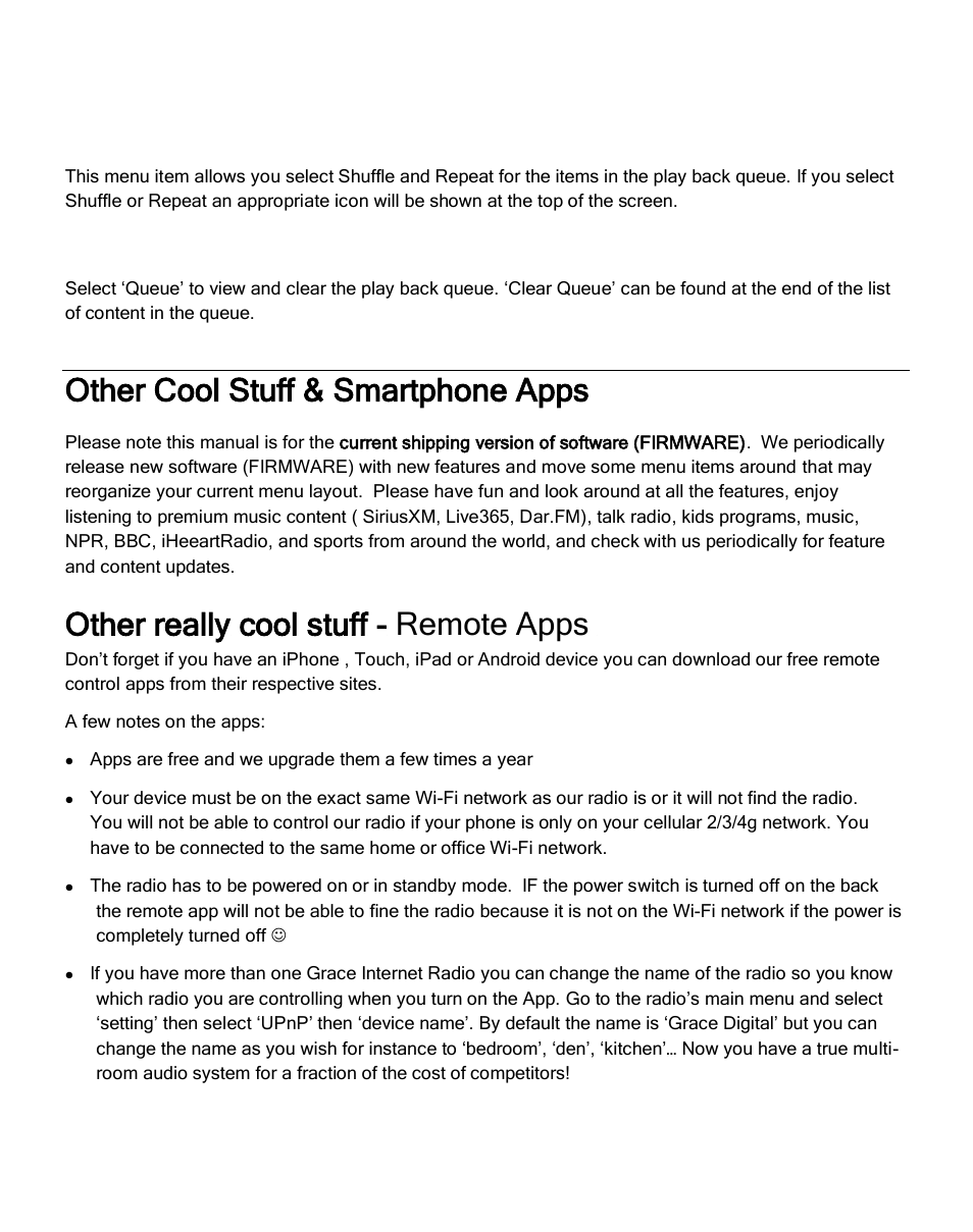 Other cool stuff & smartphone apps, Other really cool stuff - remote apps, Playback mode | Queue | Grace Digital GDI-IRC6000 Mondo User Manual | Page 49 / 53