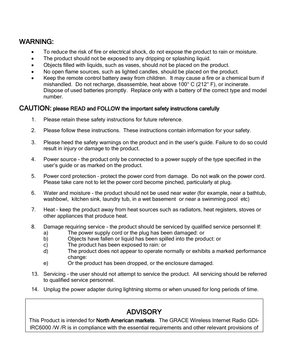 Warning, Caution, Advisory | Grace Digital GDI-IRC6000 Mondo User Manual | Page 5 / 53