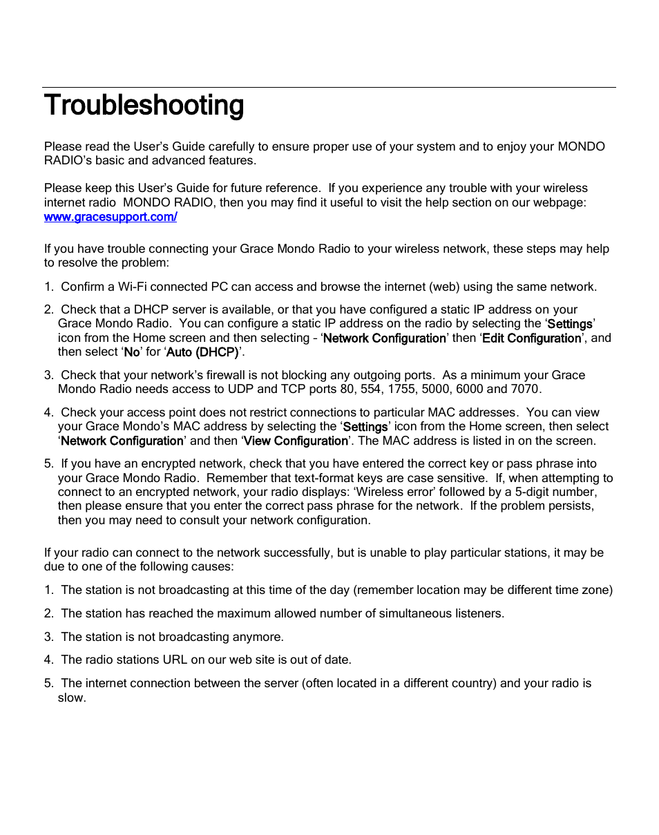 Troubleshooting | Grace Digital GDI-IRC6000 Mondo User Manual | Page 50 / 53
