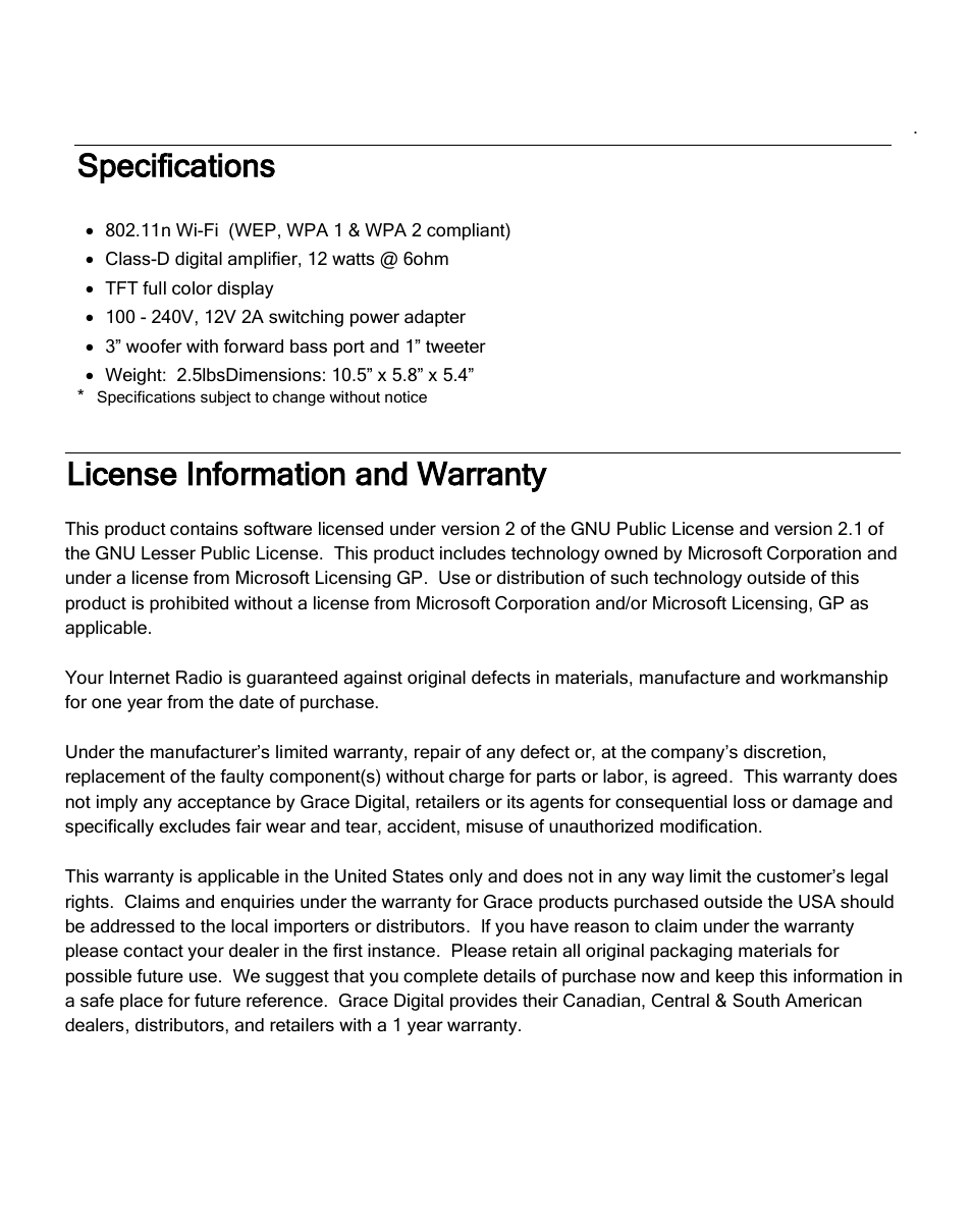 Specifications, License information and warranty | Grace Digital GDI-IRC6000 Mondo User Manual | Page 51 / 53