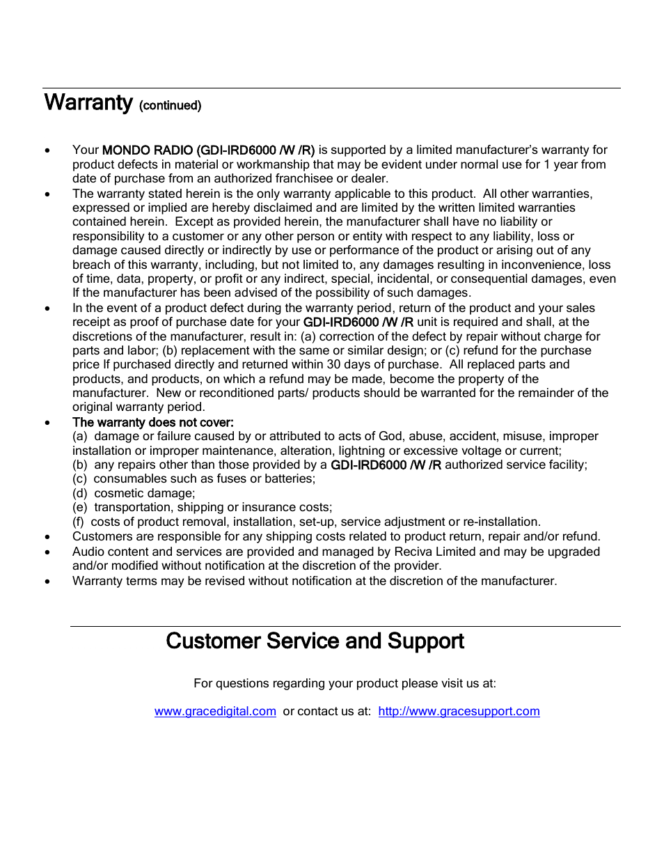 Warranty, Customer service and support | Grace Digital GDI-IRC6000 Mondo User Manual | Page 52 / 53