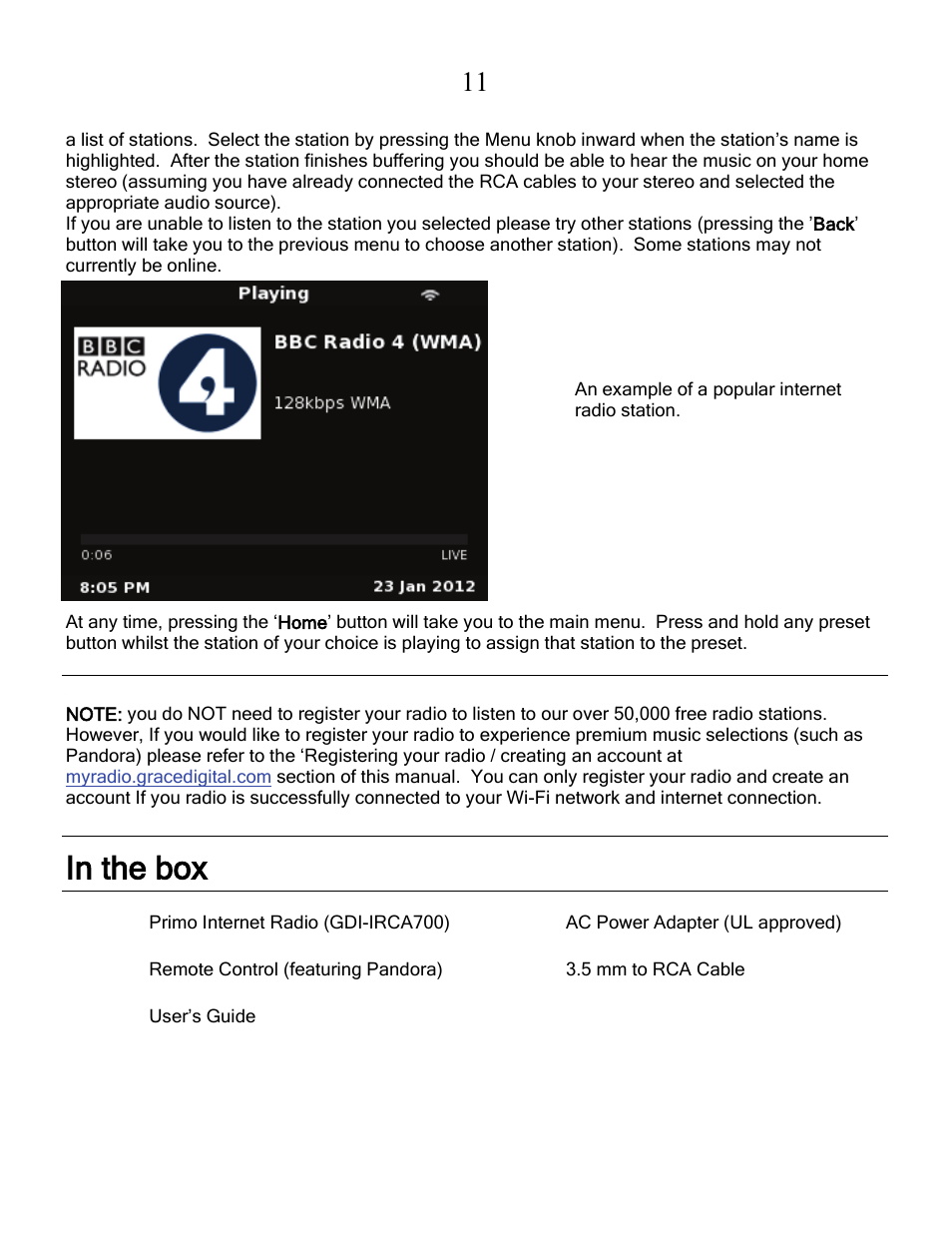 In the box, User’s guide | Grace Digital GDI-IRCA700 Primo User Manual | Page 12 / 52