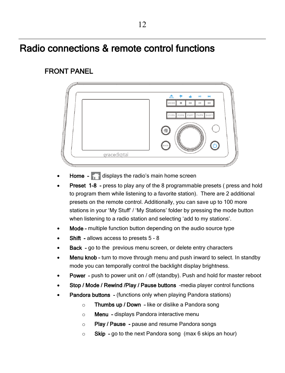 Radio connections & remote control functions, Front panel | Grace Digital GDI-IRCA700 Primo User Manual | Page 13 / 52