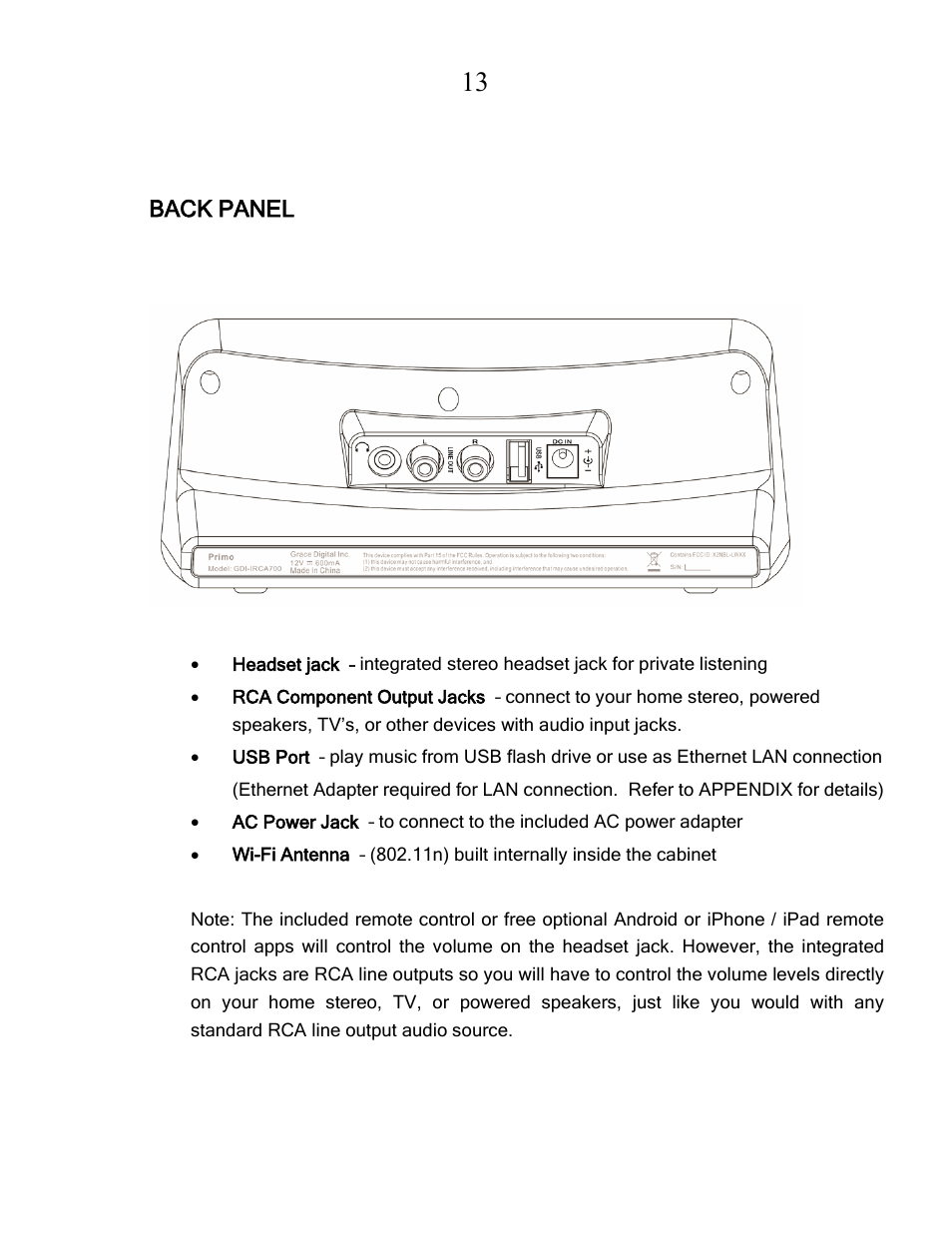 Back panel | Grace Digital GDI-IRCA700 Primo User Manual | Page 14 / 52