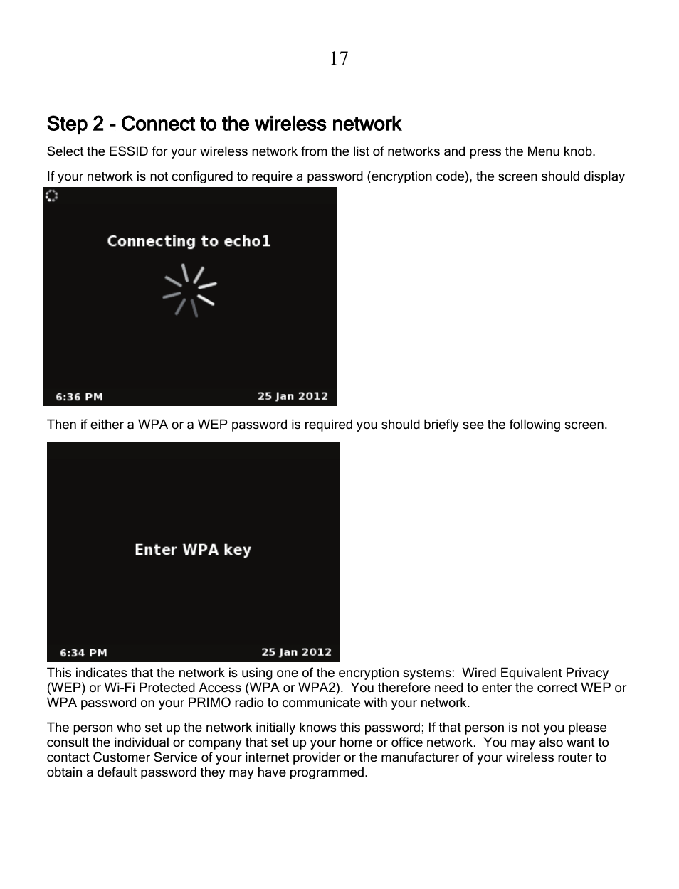 Step 2 - connect to the wireless network, 17 step 2 - connect to the wireless network | Grace Digital GDI-IRCA700 Primo User Manual | Page 18 / 52