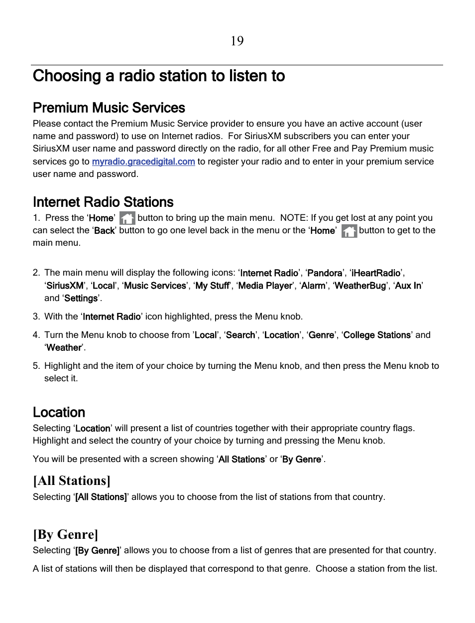 Choosing a radio station to listen to, Premium music services, Internet radio stations | Location, All stations, By genre | Grace Digital GDI-IRCA700 Primo User Manual | Page 20 / 52