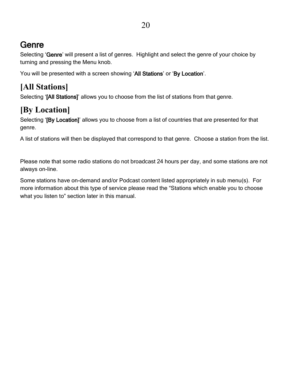 20 genre, All stations, By location | Grace Digital GDI-IRCA700 Primo User Manual | Page 21 / 52