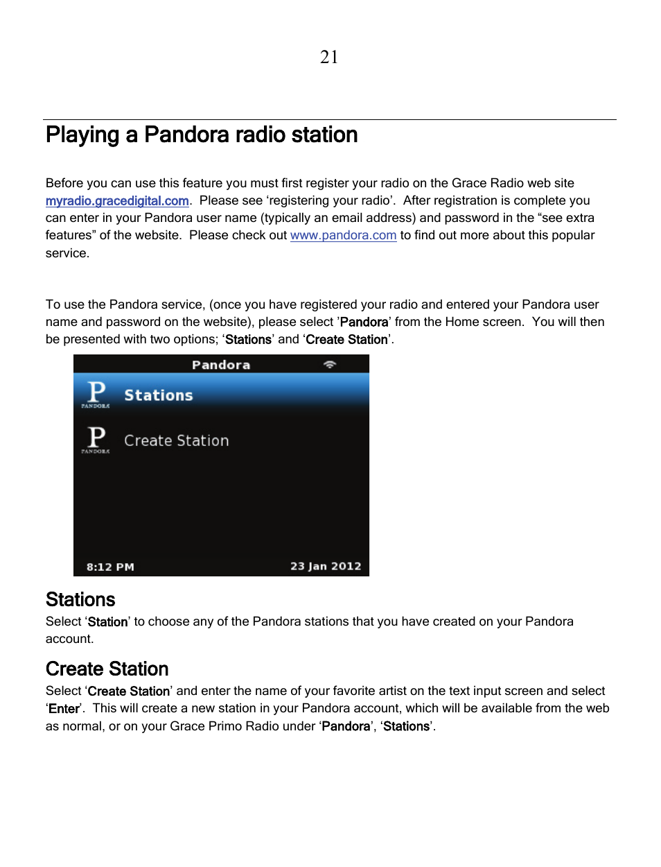 Playing a pandora radio station, Stations, Create station | Grace Digital GDI-IRCA700 Primo User Manual | Page 22 / 52