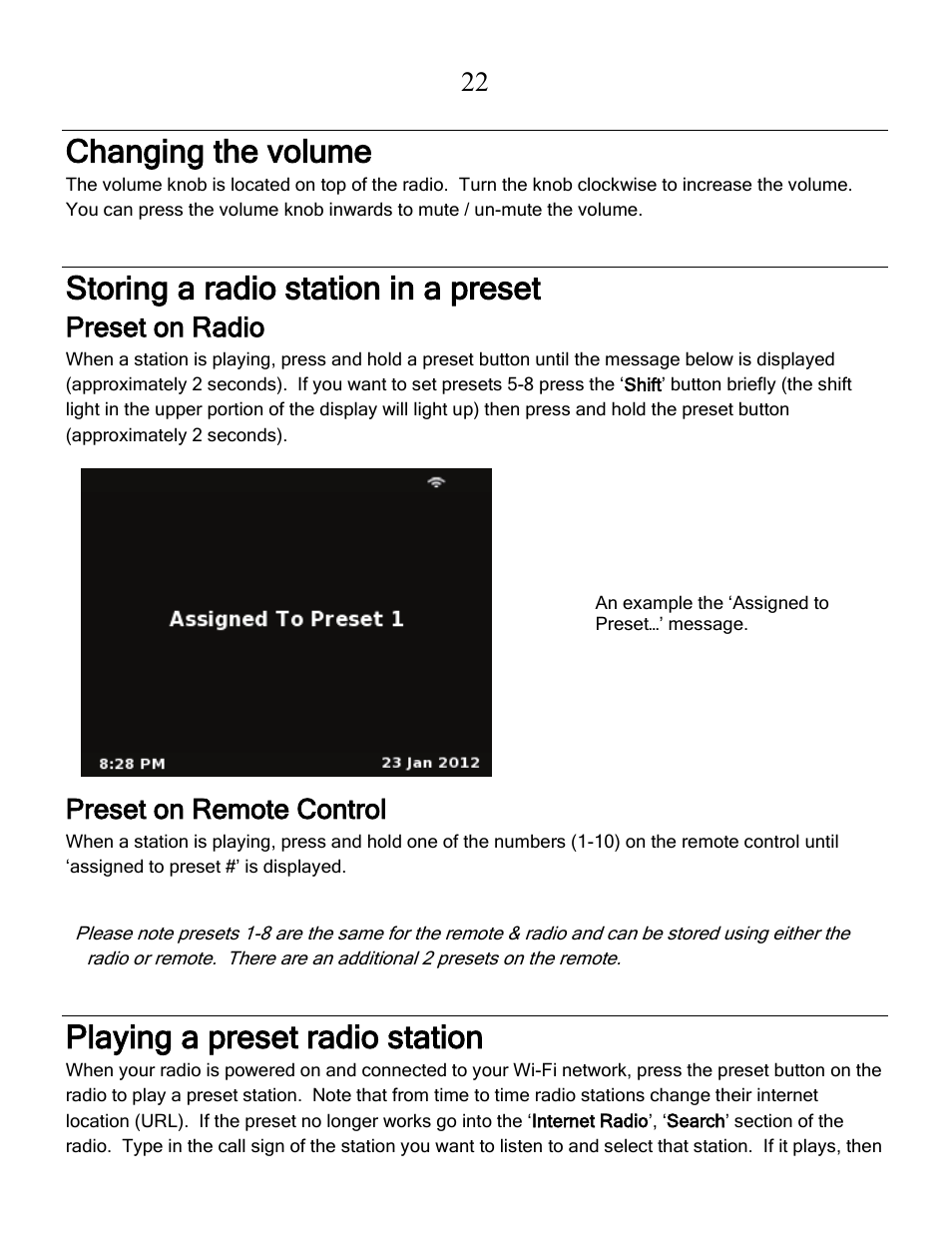 Changing the volume, Storing a radio station in a preset, Playing a preset radio station | Preset on radio, Preset on remote control | Grace Digital GDI-IRCA700 Primo User Manual | Page 23 / 52