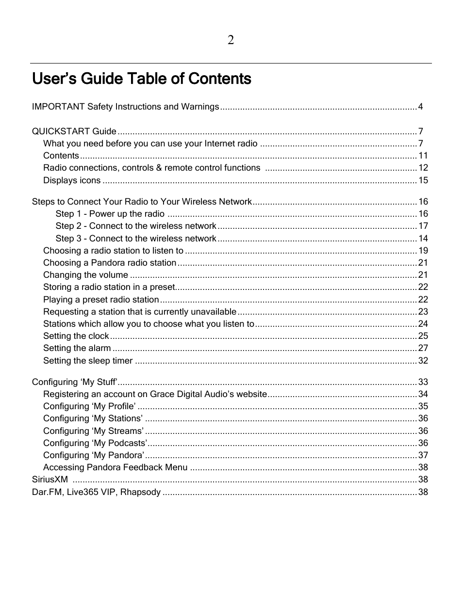 User’s guide table of contents | Grace Digital GDI-IRCA700 Primo User Manual | Page 3 / 52