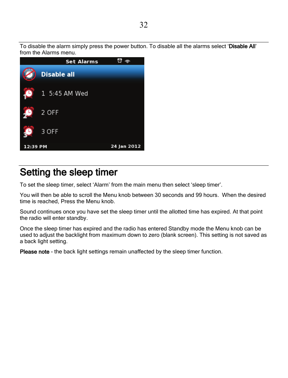 Setting the sleep timer | Grace Digital GDI-IRCA700 Primo User Manual | Page 33 / 52