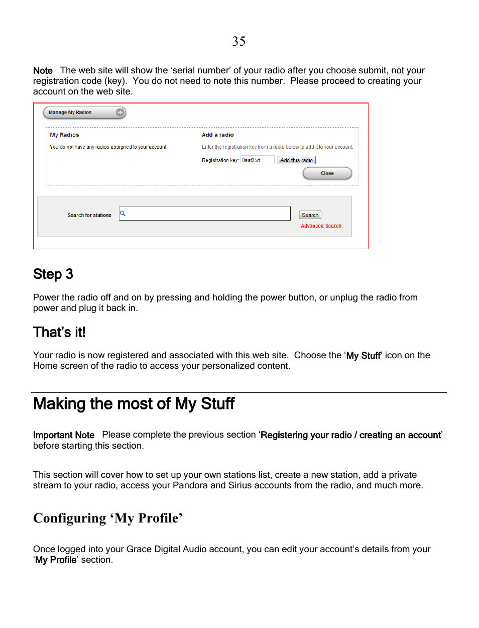 Making the most of my stuff, Step 3, That’s it | Configuring ‘my profile | Grace Digital GDI-IRCA700 Primo User Manual | Page 36 / 52