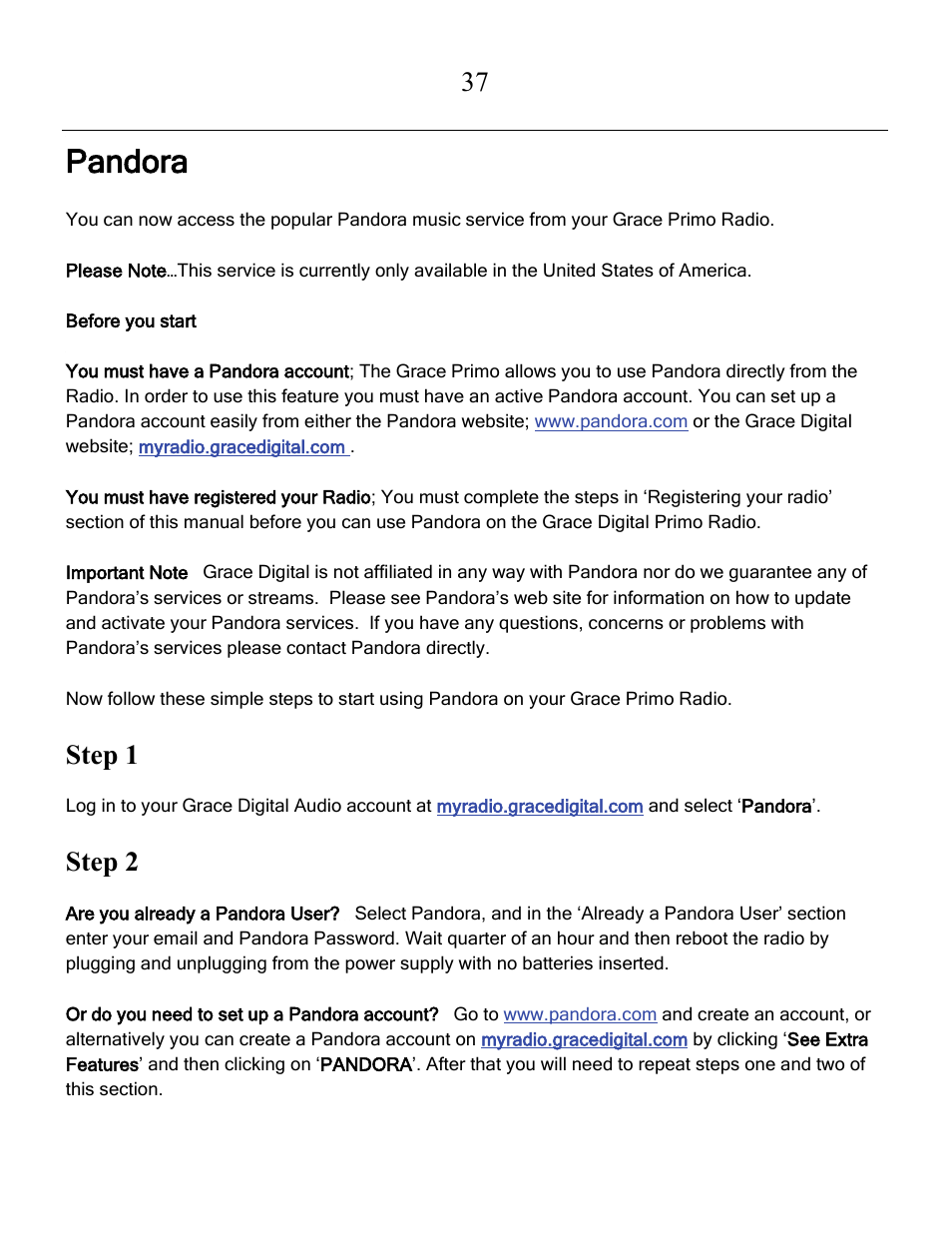 Pandora, Step 1, Step 2 | Grace Digital GDI-IRCA700 Primo User Manual | Page 38 / 52