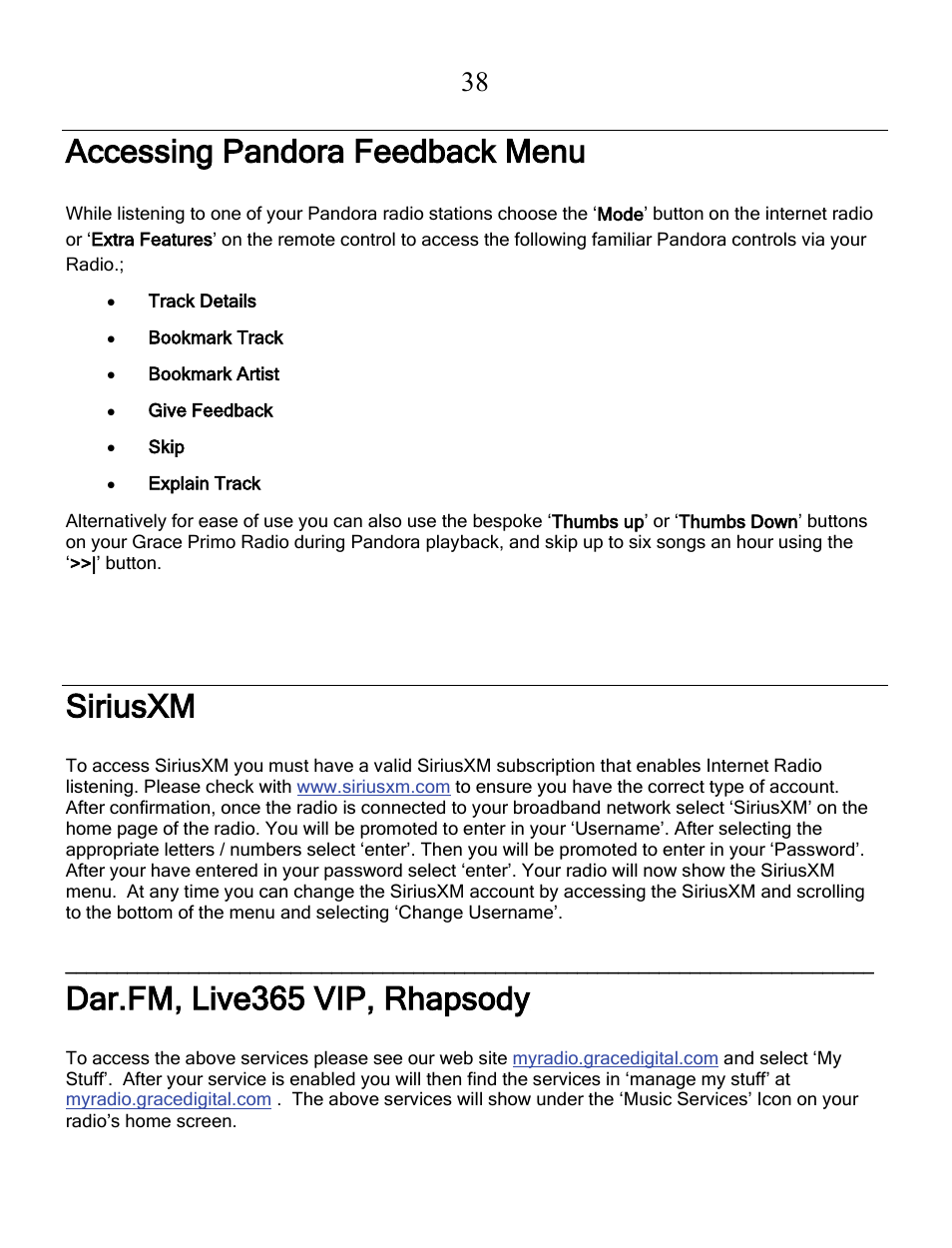 Accessing pandora feedback menu, Siriusxm, Dar.fm, live365 vip, rhapsody | Grace Digital GDI-IRCA700 Primo User Manual | Page 39 / 52