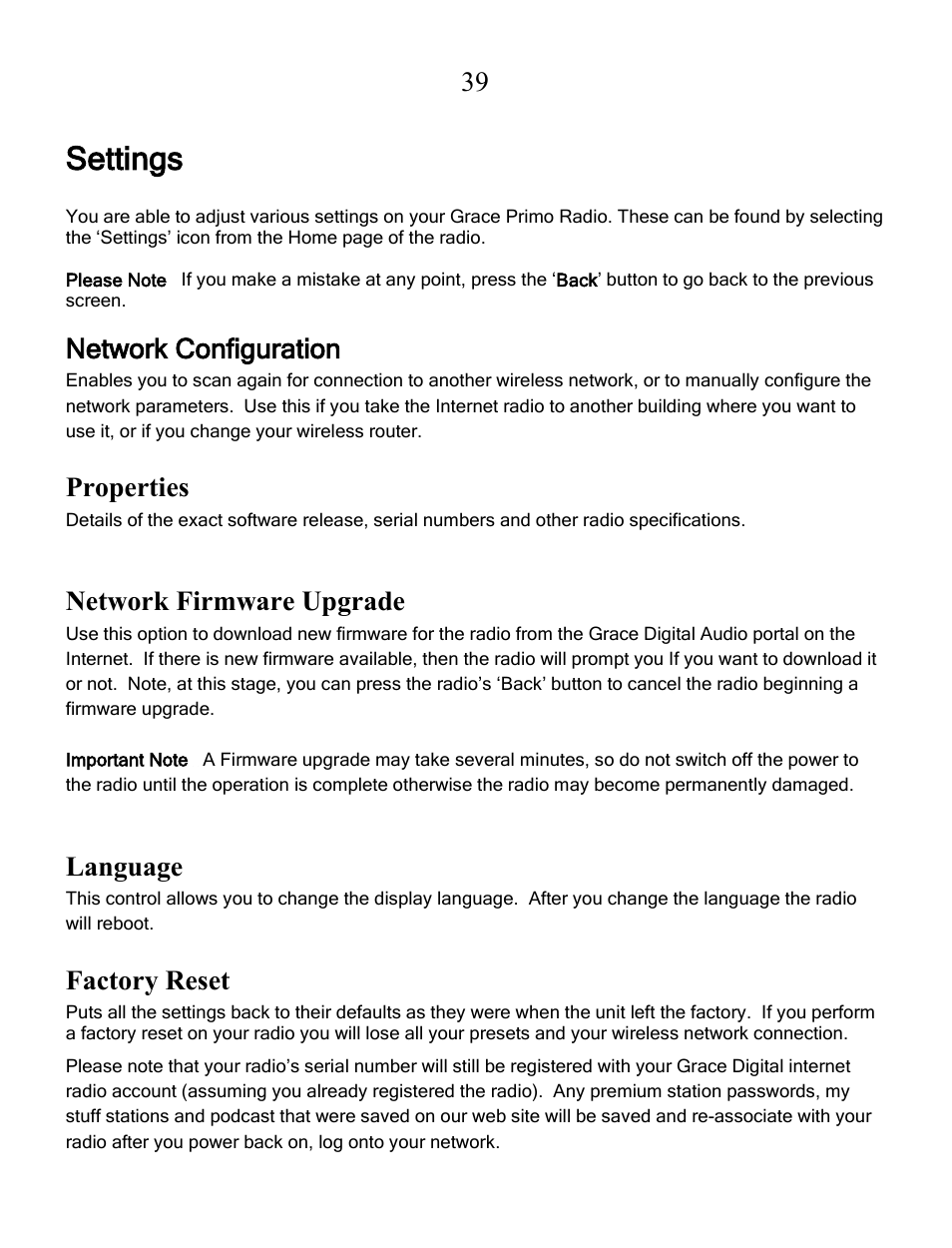 Settings, Network configuration, Properties | Network firmware upgrade, Language, Factory reset | Grace Digital GDI-IRCA700 Primo User Manual | Page 40 / 52