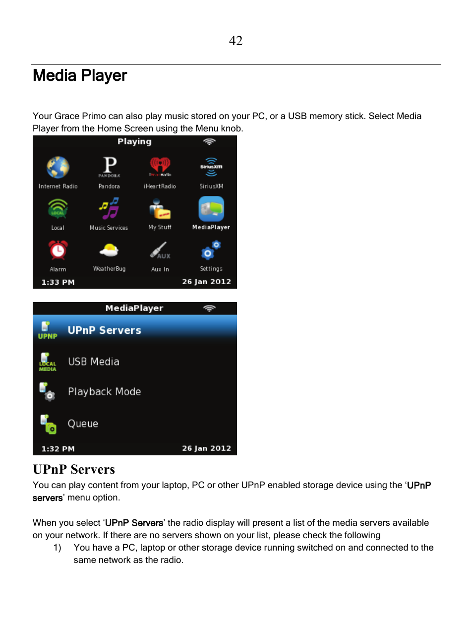 Media player, Upnp servers | Grace Digital GDI-IRCA700 Primo User Manual | Page 43 / 52