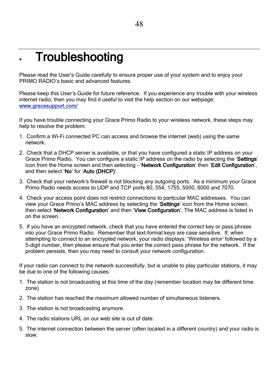 Troubleshooting | Grace Digital GDI-IRCA700 Primo User Manual | Page 49 / 52