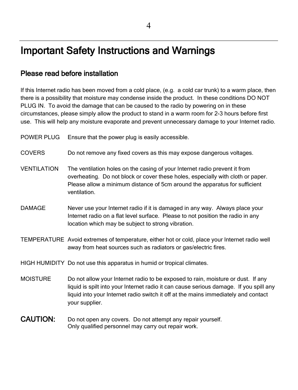 Important safety instructions and warnings, Please read before installation, Caution | Grace Digital GDI-IRCA700 Primo User Manual | Page 5 / 52