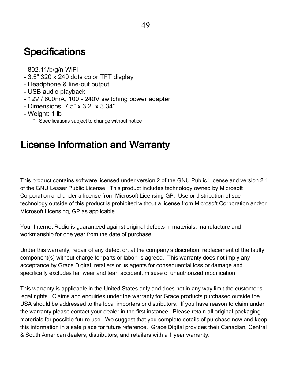 Specifications, License information and warranty | Grace Digital GDI-IRCA700 Primo User Manual | Page 50 / 52