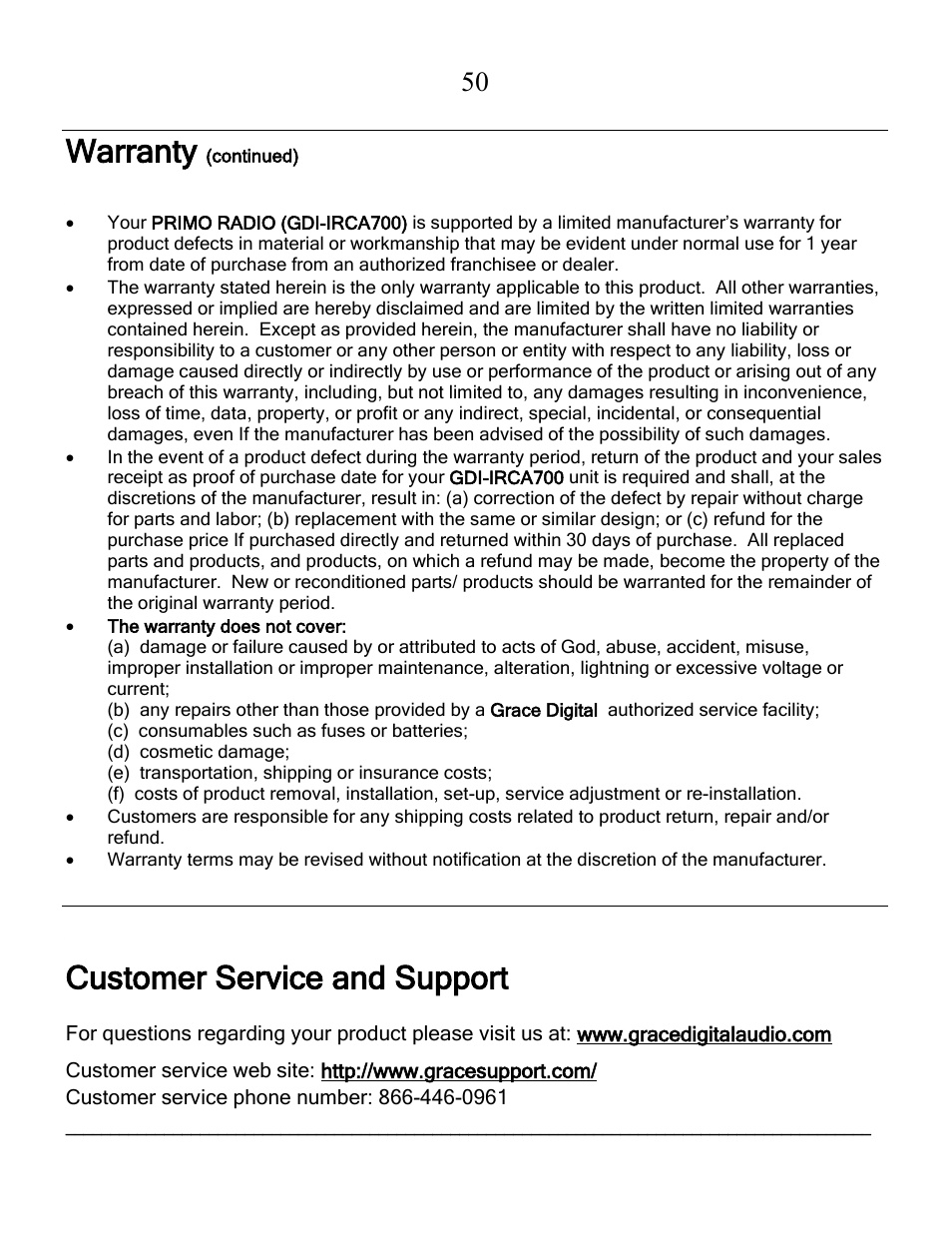 Warranty (continued), Customer service and support, Warranty | Grace Digital GDI-IRCA700 Primo User Manual | Page 51 / 52