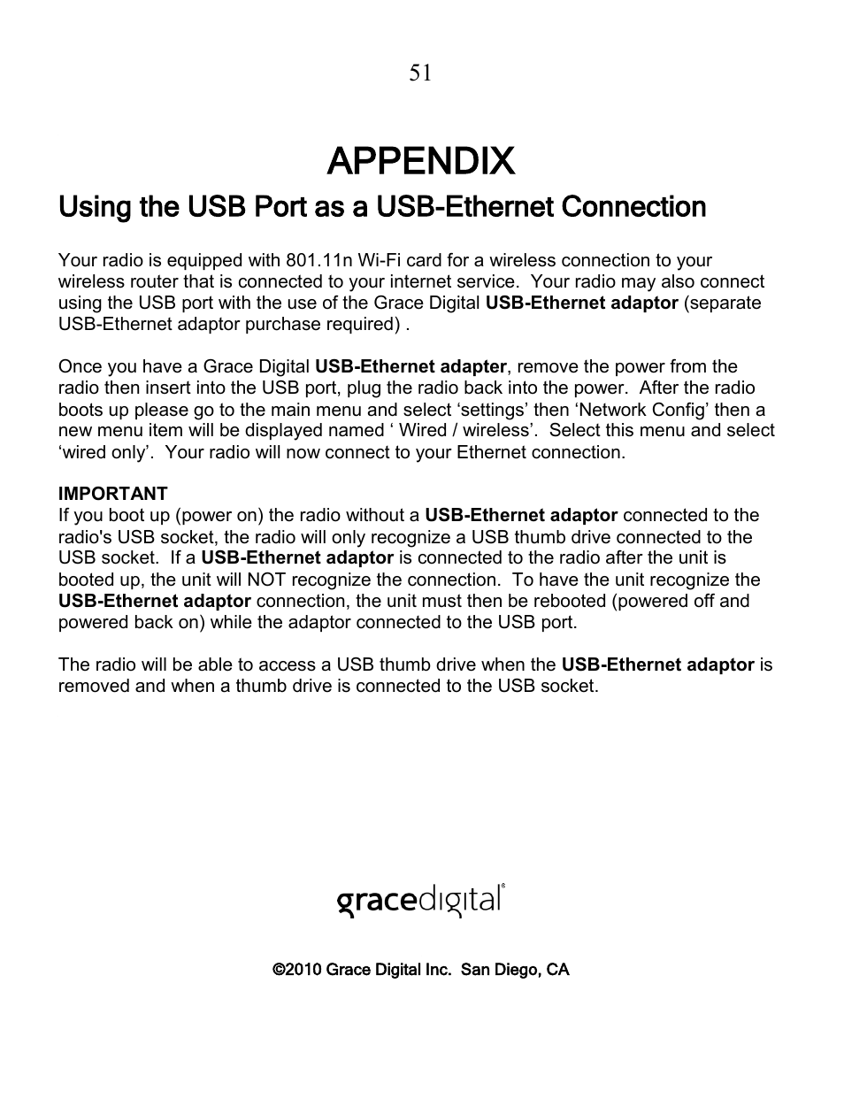 Appendix, Using the usb port as a usb-ethernet connection | Grace Digital GDI-IRCA700 Primo User Manual | Page 52 / 52