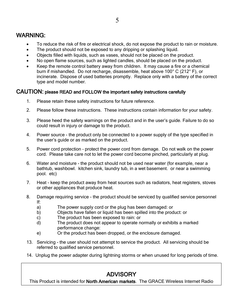 Warning, Caution, Advisory | Grace Digital GDI-IRCA700 Primo User Manual | Page 6 / 52