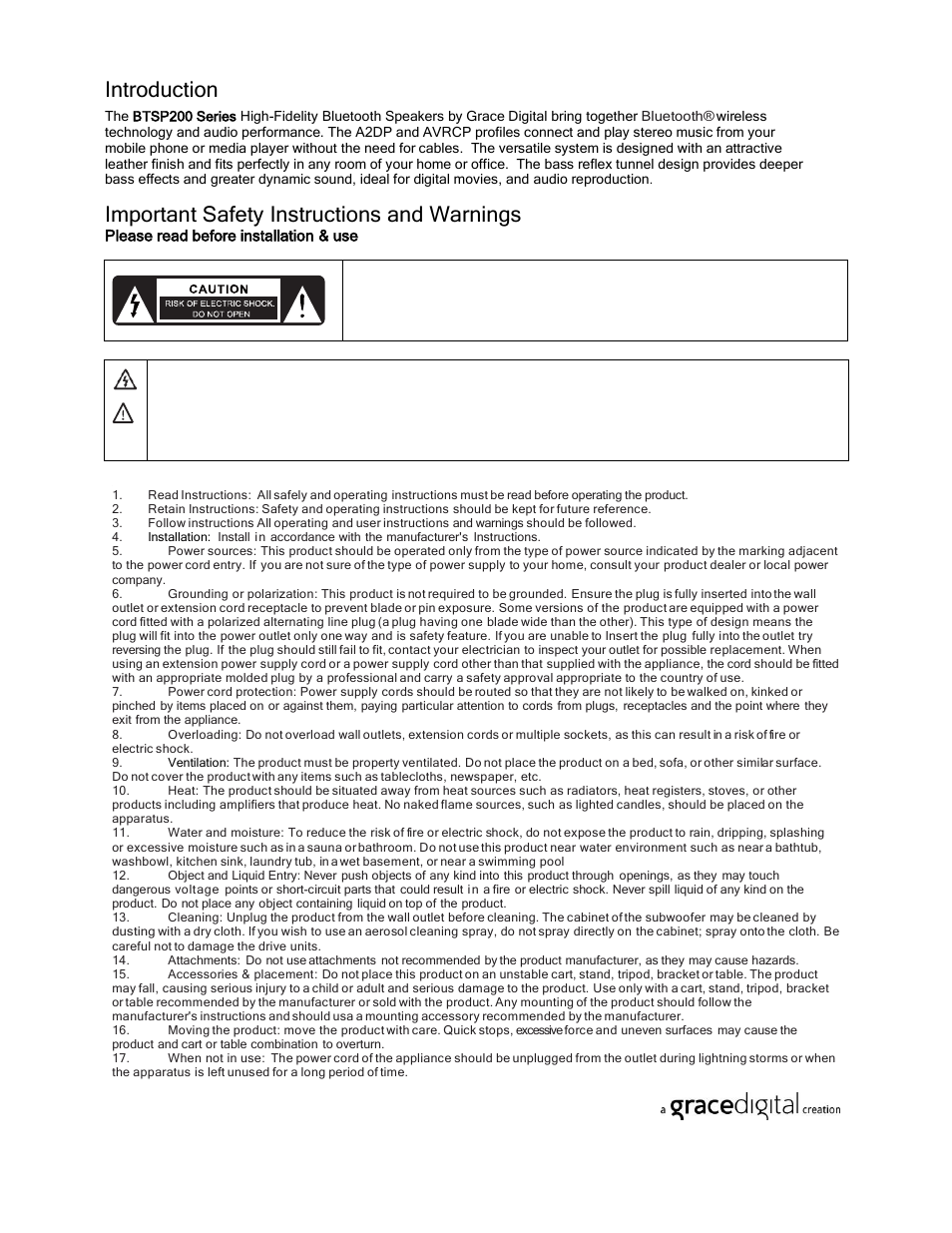 Introduction, Important safety instructions and warnings | Grace Digital GDI-BTSP200 BT Speakers User Manual | Page 2 / 8