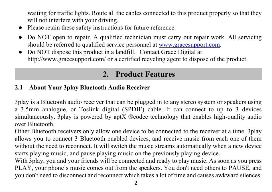 Product features | Grace Digital GDI-BTPB300 3play Quick Start Guide User Manual | Page 3 / 17