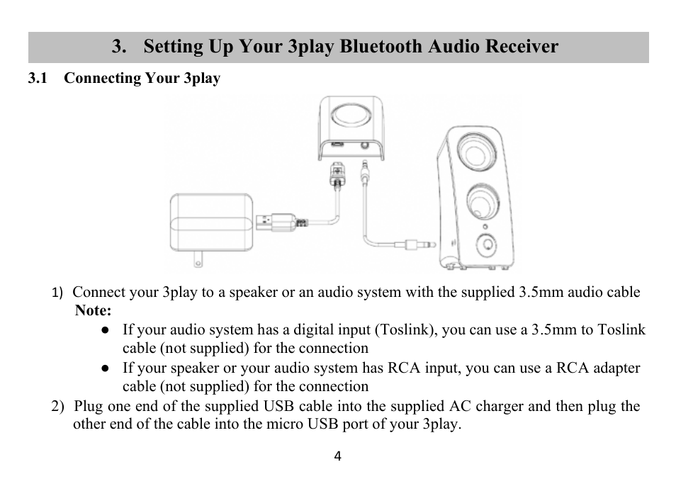 Setting up your 3play bluetooth audio receiver | Grace Digital GDI-BTPB300 3play Quick Start Guide User Manual | Page 5 / 17