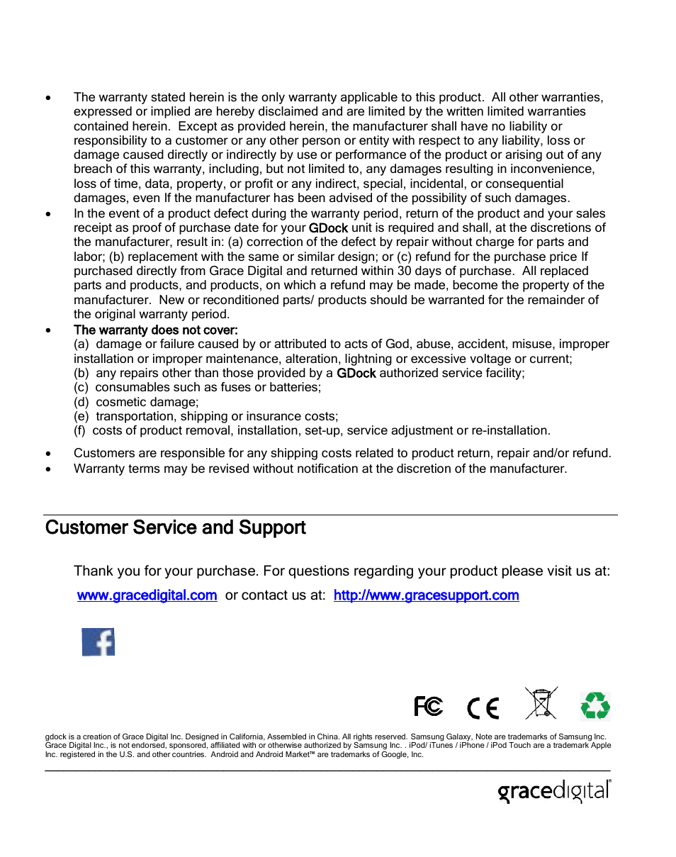 Customer service and support, Visit us on facebook | Grace Digital GDI-GSD8200 gdock User Manual | Page 10 / 10