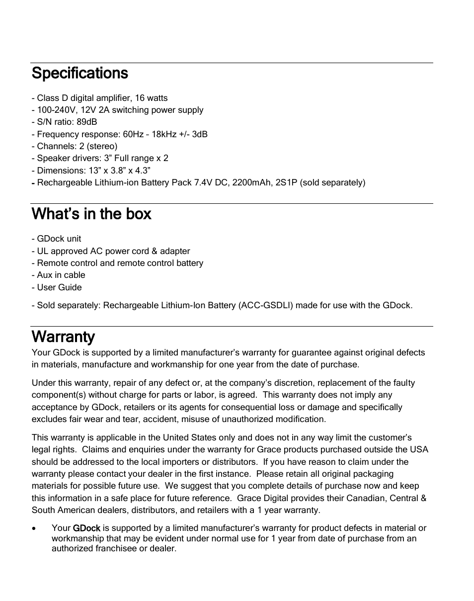 Specifications, What’s in the box, Warranty | Grace Digital GDI-GSD8200 gdock User Manual | Page 9 / 10