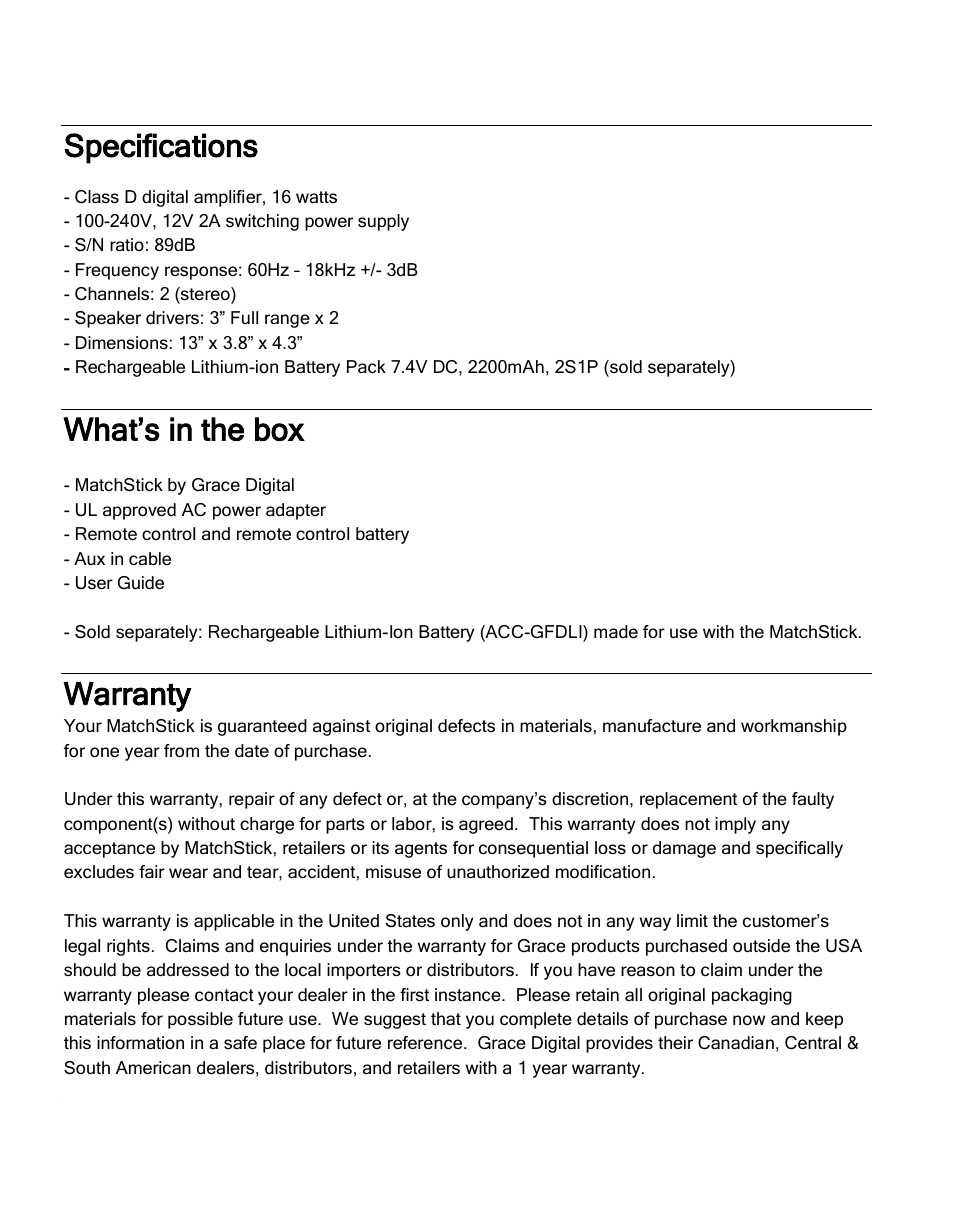Specifications, What’s in the box, Warranty | Grace Digital GDI-GFD7200 Matchstick User Manual | Page 8 / 9