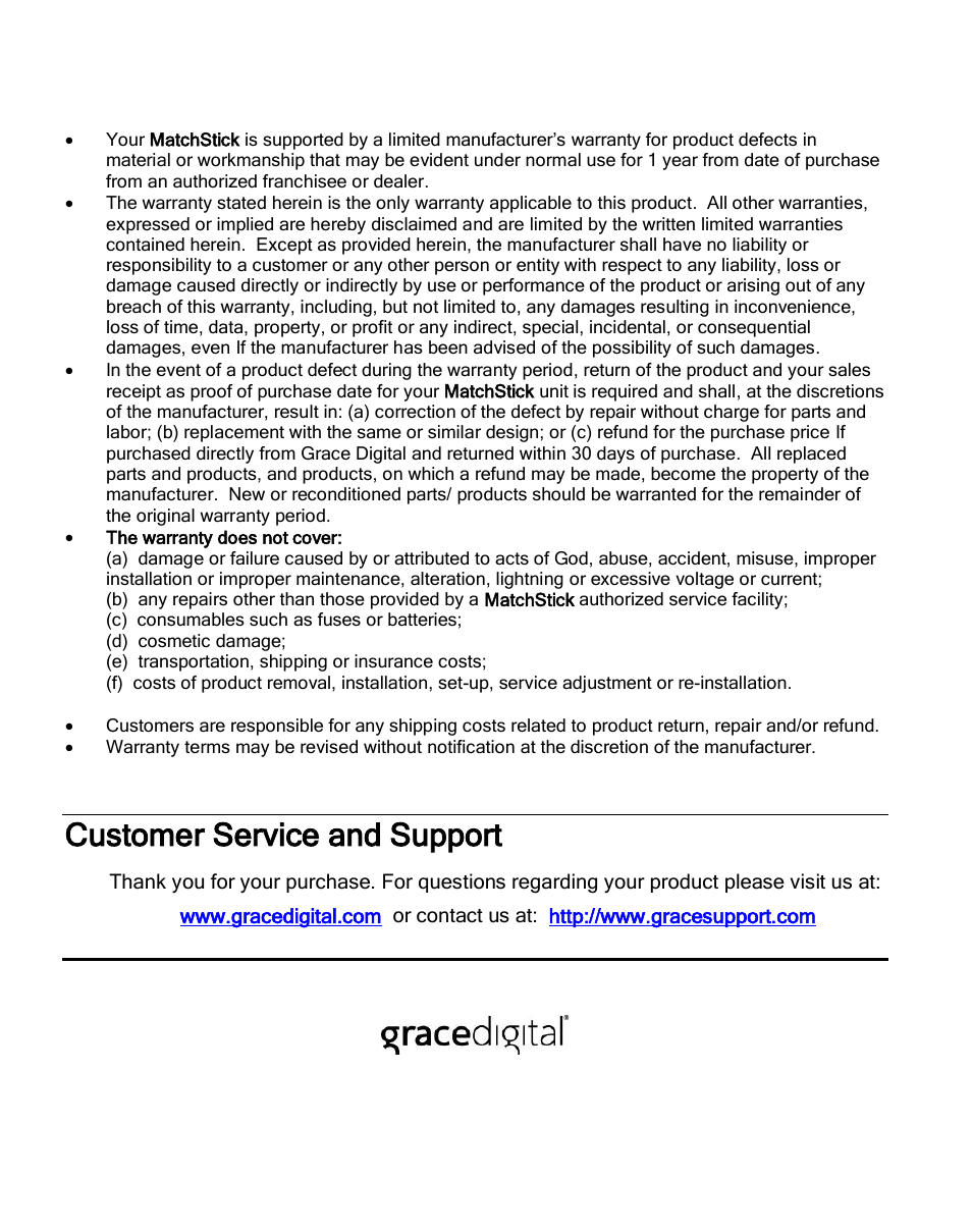 Customer service and support | Grace Digital GDI-GFD7200 Matchstick User Manual | Page 9 / 9
