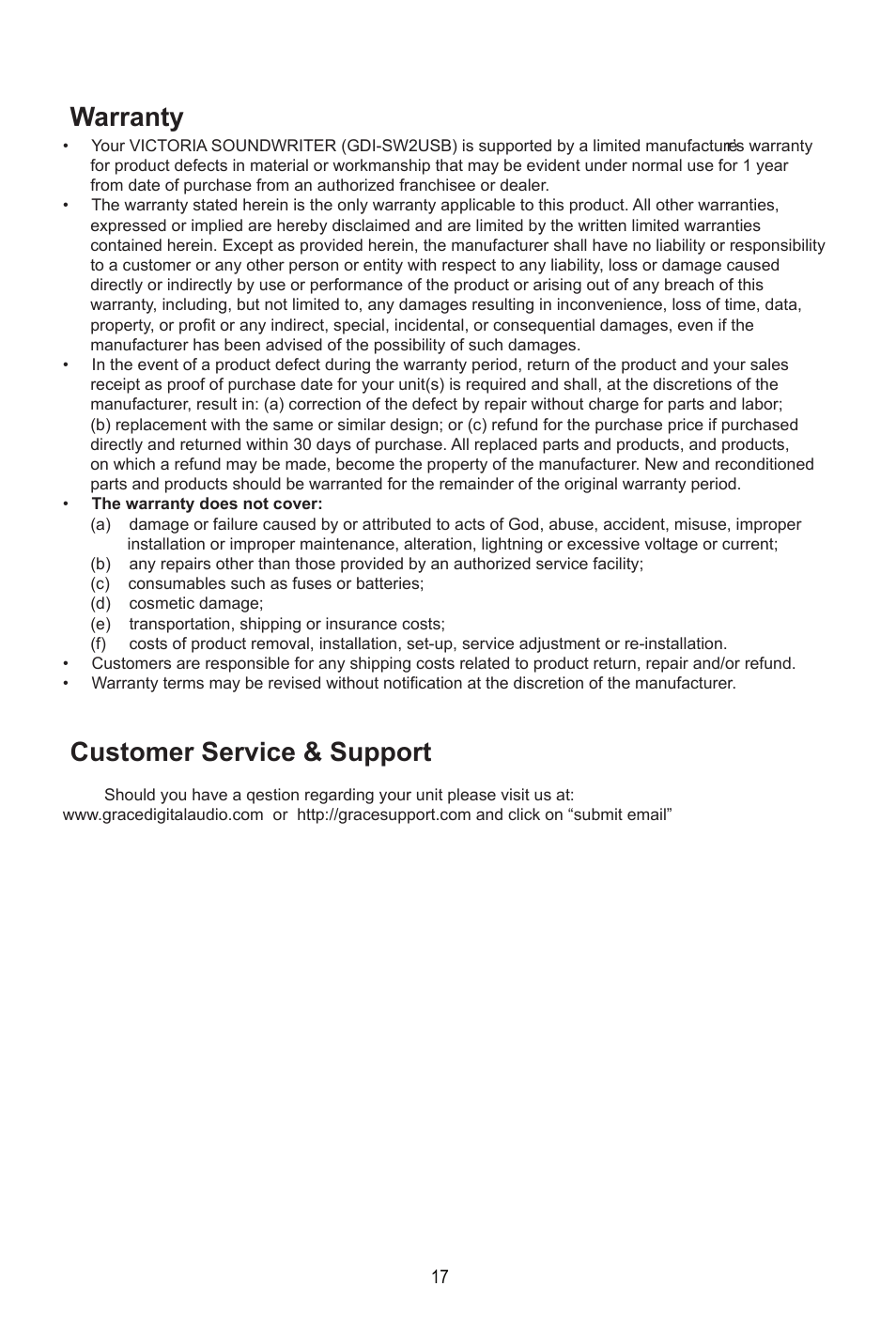 Warranty, Customer service & support | Grace Digital GDI-SW2USB Soundwriter User Manual | Page 19 / 20