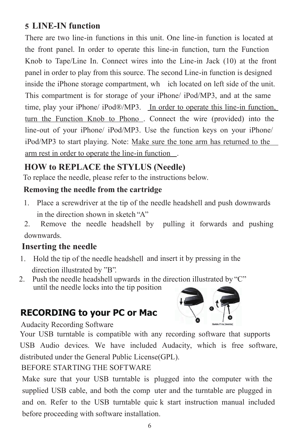 Recording to your pc or mac inserting the needle | Grace Digital GDI-SW2USB Soundwriter User Manual | Page 8 / 20