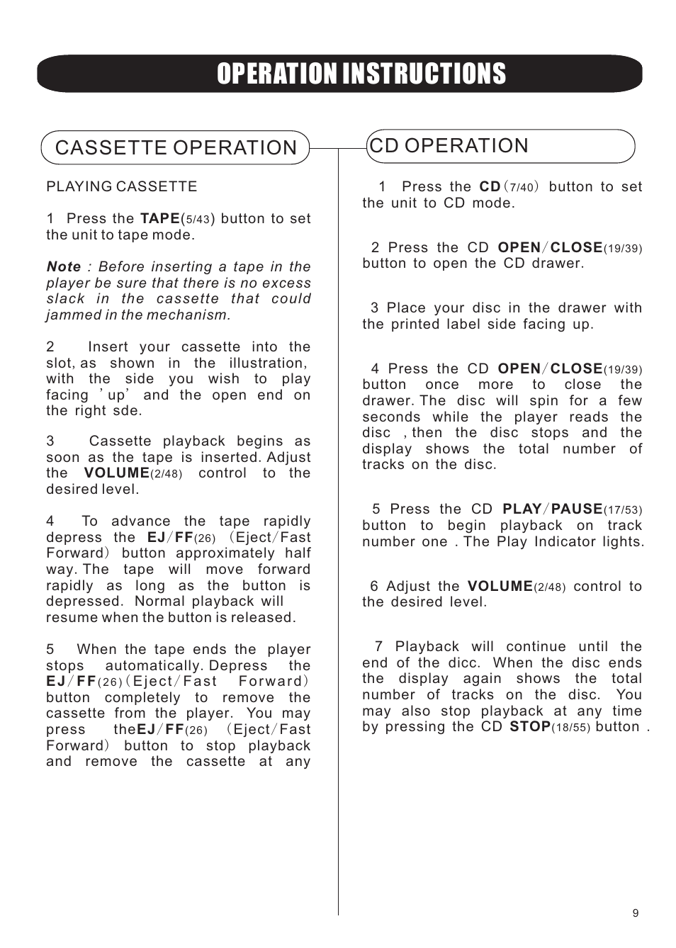 Operation operation, Operation instructions, Cd operation | Cassette operation | Grace Digital GDI-TW4CD Tunewriter IV User Manual | Page 10 / 16