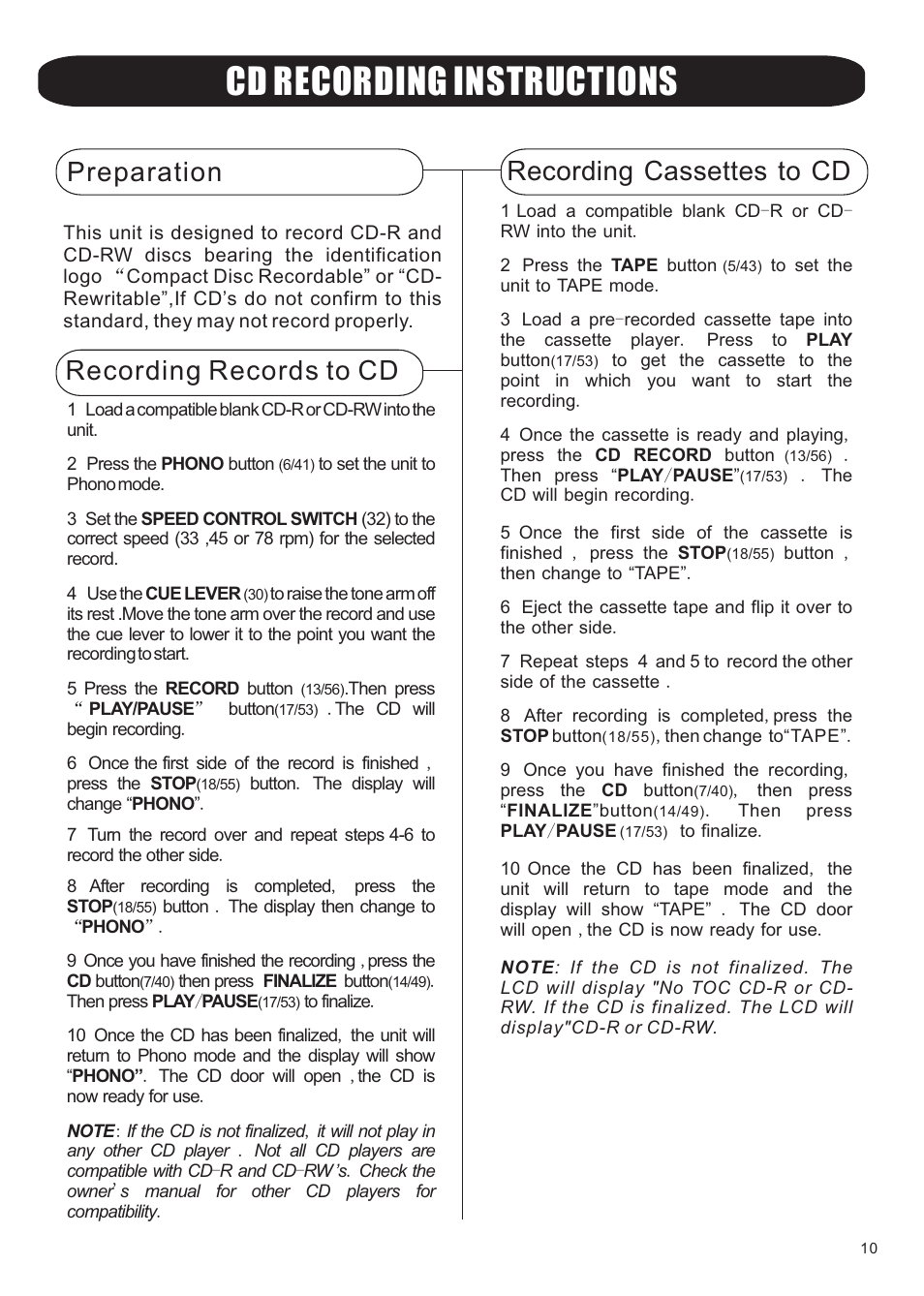 Cd recording instructions, Recording records to cd, Recording cassettes to cd | Preparation | Grace Digital GDI-TW4CD Tunewriter IV User Manual | Page 11 / 16