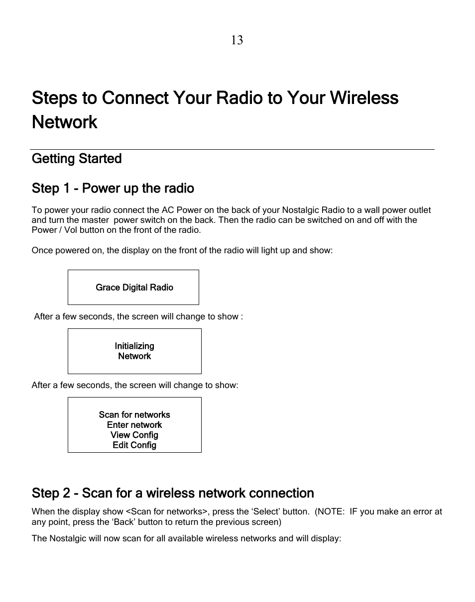 Getting started, Step 1 - power up the radio, Step 2 - scan for a wireless network connection | Grace Digital GDI-IRN1941 Victoria User Manual | Page 13 / 34