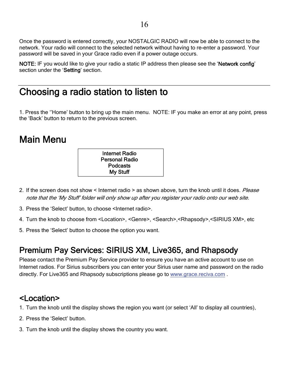 Choosing a radio station to listen to, Main menu, Location | Grace Digital GDI-IRN1941 Victoria User Manual | Page 16 / 34