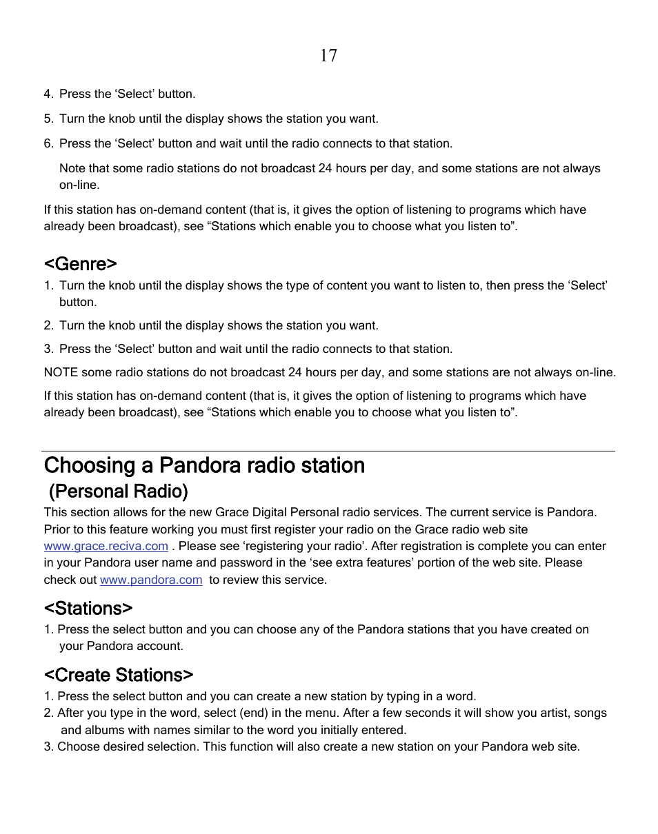 Choosing a pandora radio station, Genre, Personal radio) | Stations, Create stations | Grace Digital GDI-IRN1941 Victoria User Manual | Page 17 / 34