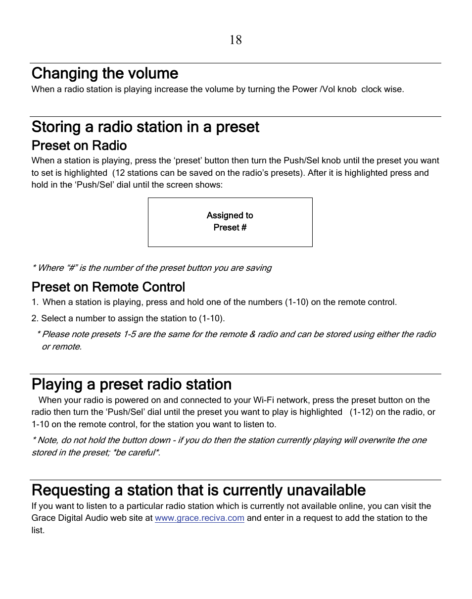 Changing the volume, Storing a radio station in a preset, Playing a preset radio station | Requesting a station that is currently unavailable, Preset on radio, Preset on remote control | Grace Digital GDI-IRN1941 Victoria User Manual | Page 18 / 34