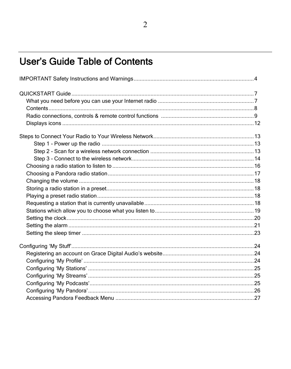 User’s guide table of contents | Grace Digital GDI-IRN1941 Victoria User Manual | Page 2 / 34