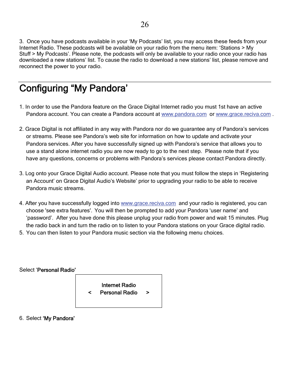 Configuring “my pandora | Grace Digital GDI-IRN1941 Victoria User Manual | Page 26 / 34